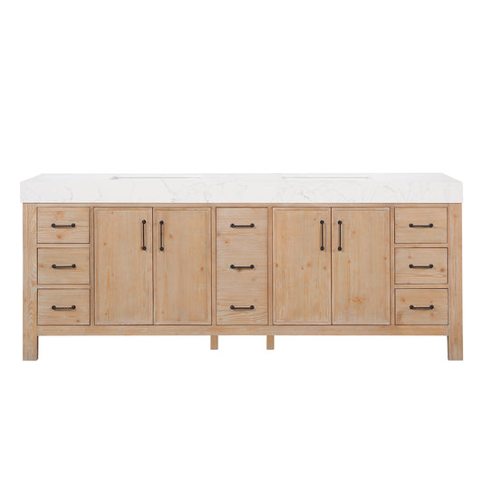 Vinnova, León 84in. Free-standing Double Bathroom Vanity in Fir Wood Brown with Composite top in Lightning White