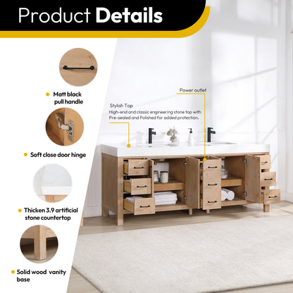 Vinnova, León 84in. Free-standing Double Bathroom Vanity in Fir Wood Brown with Composite top in Lightning White