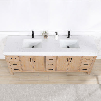 Vinnova, León 84in. Free-standing Double Bathroom Vanity in Fir Wood Brown with Composite top in Lightning White