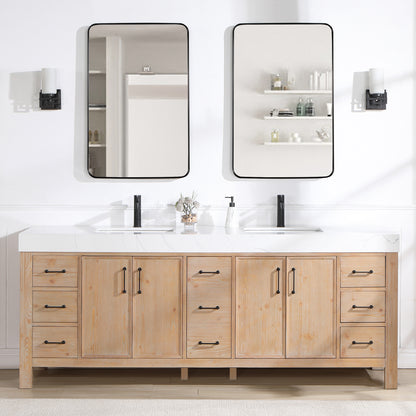 Vinnova, León 84in. Free-standing Double Bathroom Vanity in Fir Wood Brown with Composite top in Lightning White and Mirror