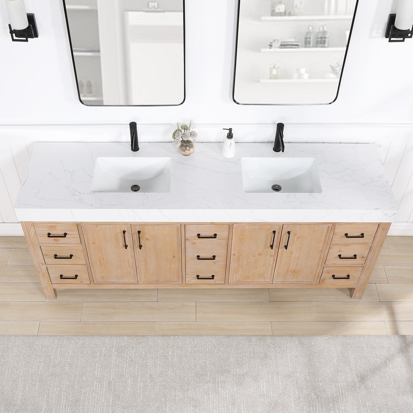 Vinnova, León 84in. Free-standing Double Bathroom Vanity in Fir Wood Brown with Composite top in Lightning White and Mirror