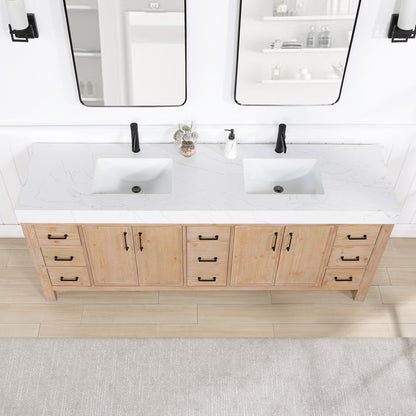 Vinnova, León 84in. Free-standing Double Bathroom Vanity in Fir Wood Brown with Composite top in Lightning White and Mirror