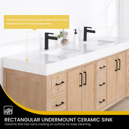 Vinnova, León 84in. Free-standing Double Bathroom Vanity in Fir Wood Brown with Composite top in Lightning White and Mirror
