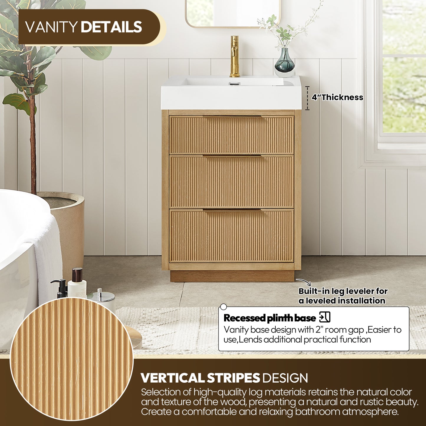 Vinnova, Hohhot 24" Free-standing Single Bath Vanity in Washed Ash Grey with White Integrated Stone Sink Top