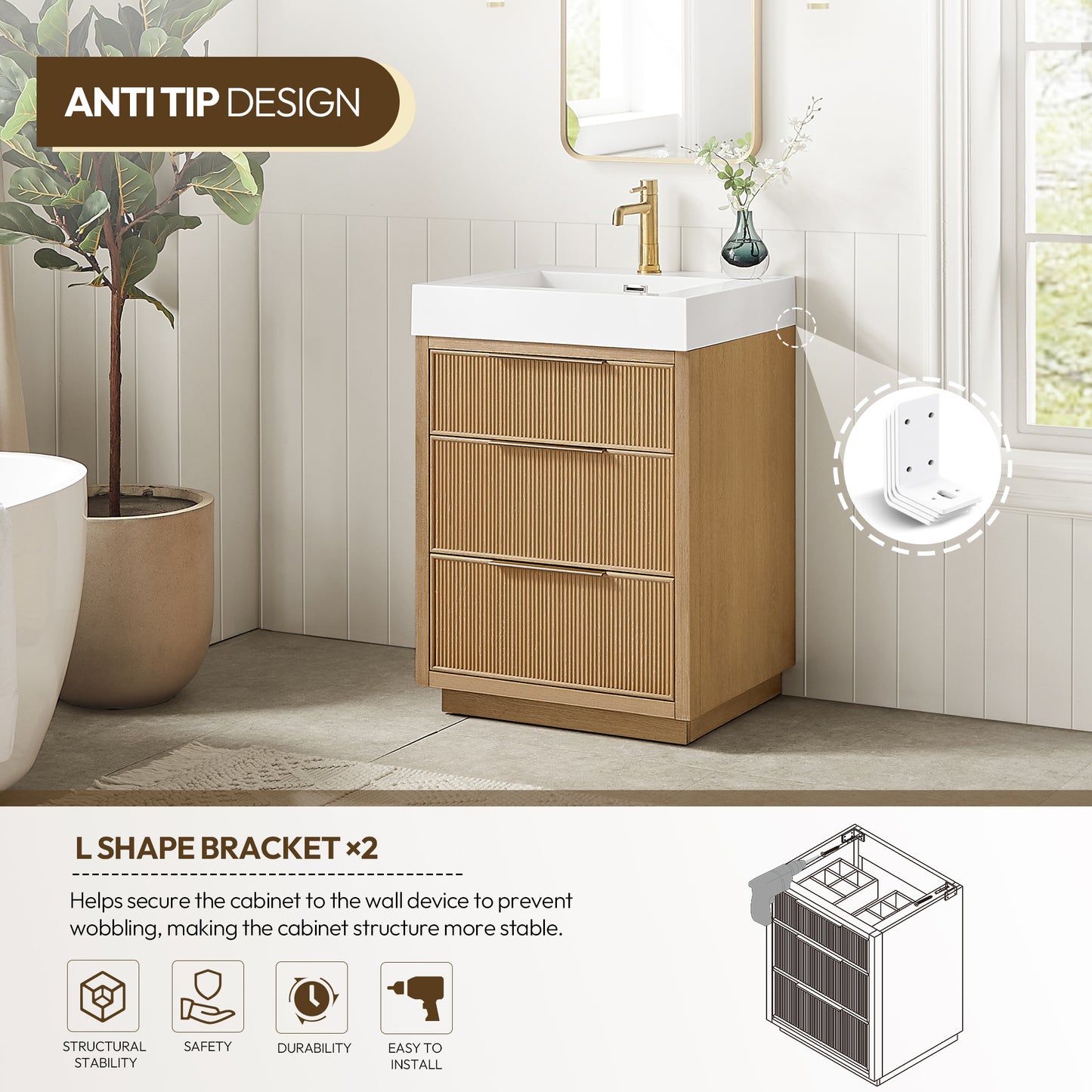 Vinnova, Hohhot 24" Free-standing Single Bath Vanity in Washed Ash Grey with White Integrated Stone Sink Top