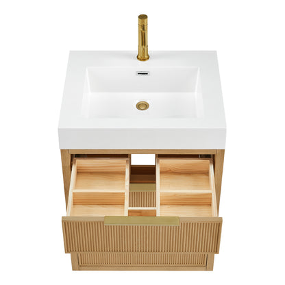 Vinnova, Hohhot 24" Free-standing Single Bath Vanity in Washed Ash Grey with White Integrated Stone Sink Top