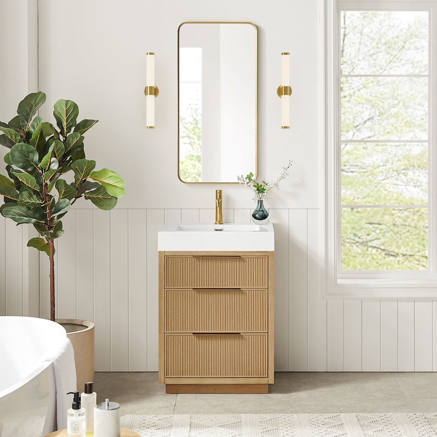 Vinnova, Hohhot 24" Free-standing Single Bath Vanity in Washed Ash Grey with White Integrated Stone Sink Top