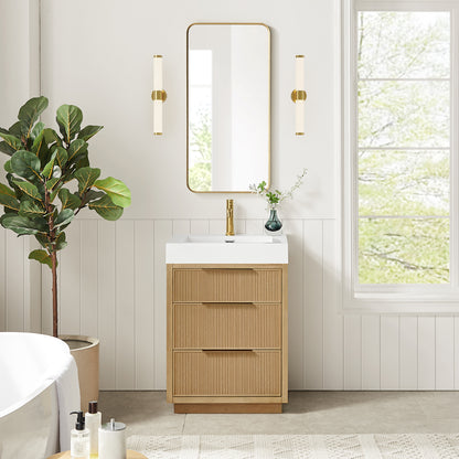 Vinnova, Hohhot 24" Free-standing Single Bath Vanity in Washed Ash Grey with White Integrated Stone Sink Top