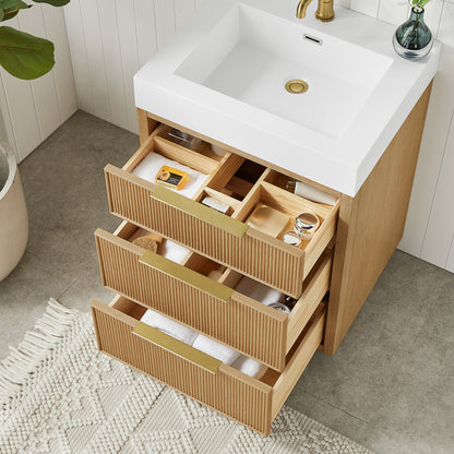 Vinnova, Hohhot 24" Free-standing Single Bath Vanity in Washed Ash Grey with White Integrated Stone Sink Top