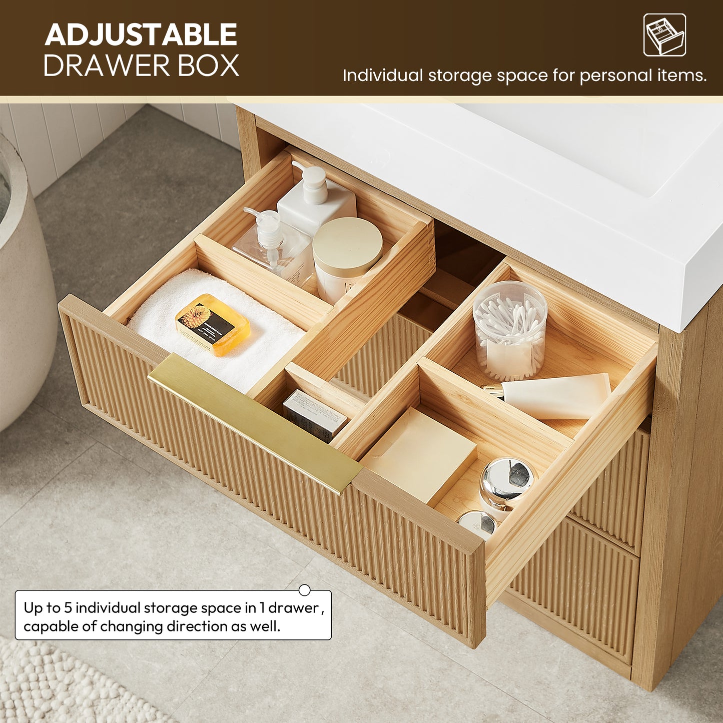 Vinnova, Hohhot 24" Free-standing Single Bath Vanity in Washed Ash Grey with White Integrated Stone Sink Top