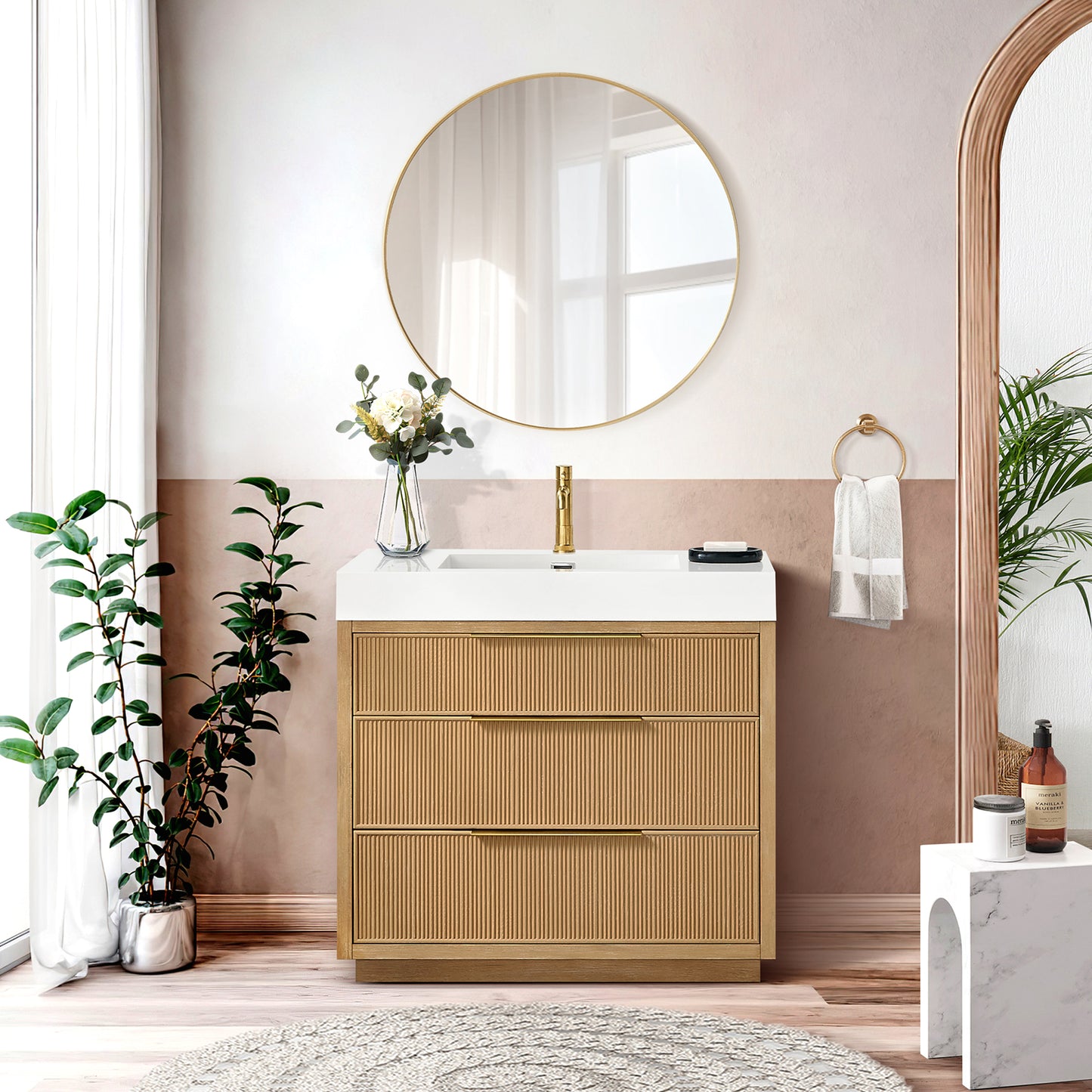 Vinnova, Hohhot 36" Free-standing Single Bath Vanity in Washed Ash Grey with White Integrated Stone Sink Top