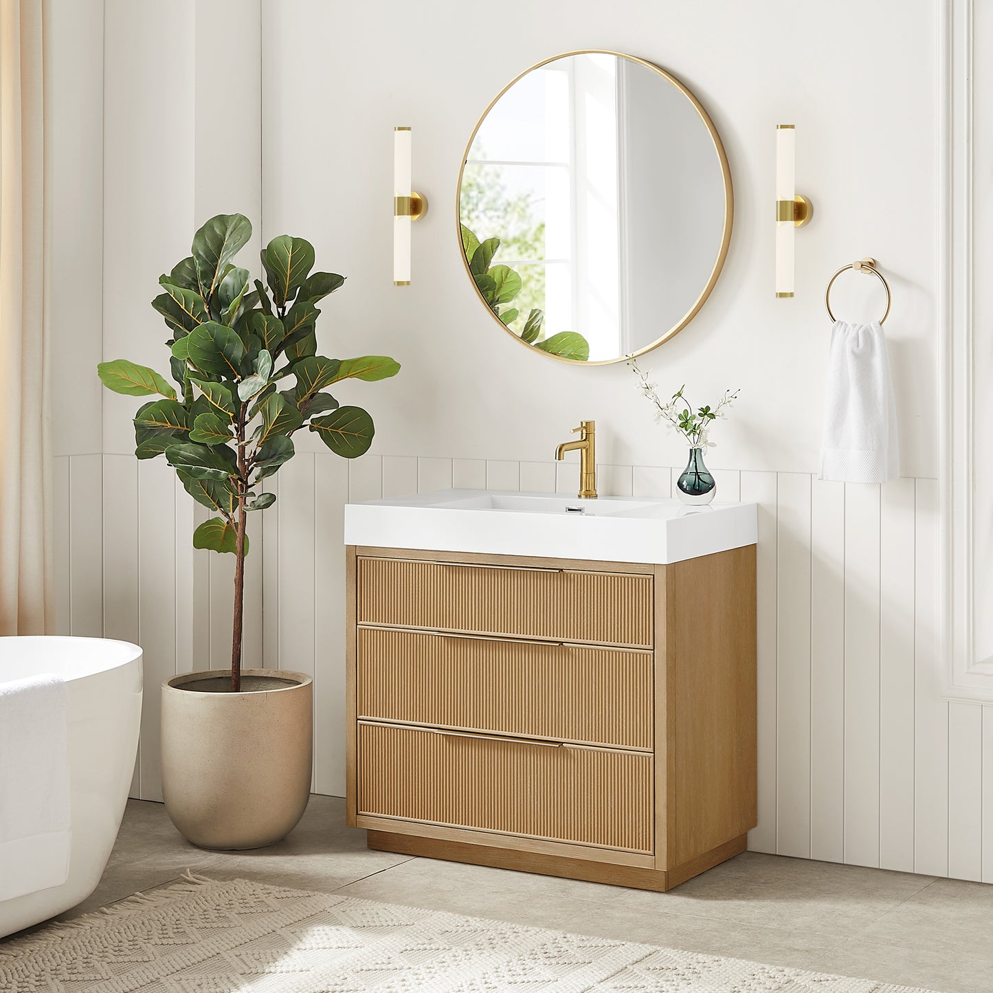 Vinnova, Hohhot 36" Free-standing Single Bath Vanity in Washed Ash Grey with White Integrated Stone Sink Top
