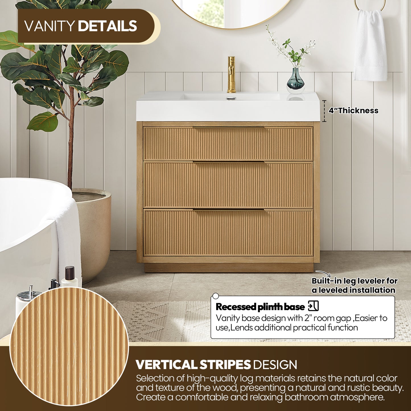 Vinnova, Hohhot 36" Free-standing Single Bath Vanity in Washed Ash Grey with White Integrated Stone Sink Top