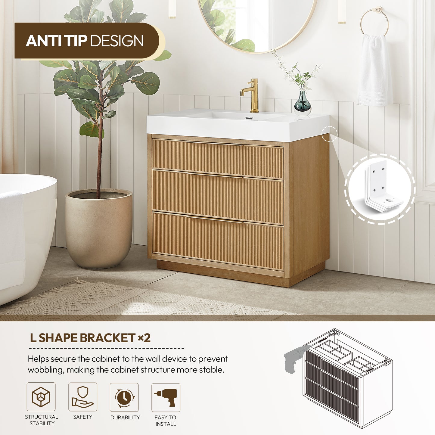 Vinnova, Hohhot 36" Free-standing Single Bath Vanity in Washed Ash Grey with White Integrated Stone Sink Top