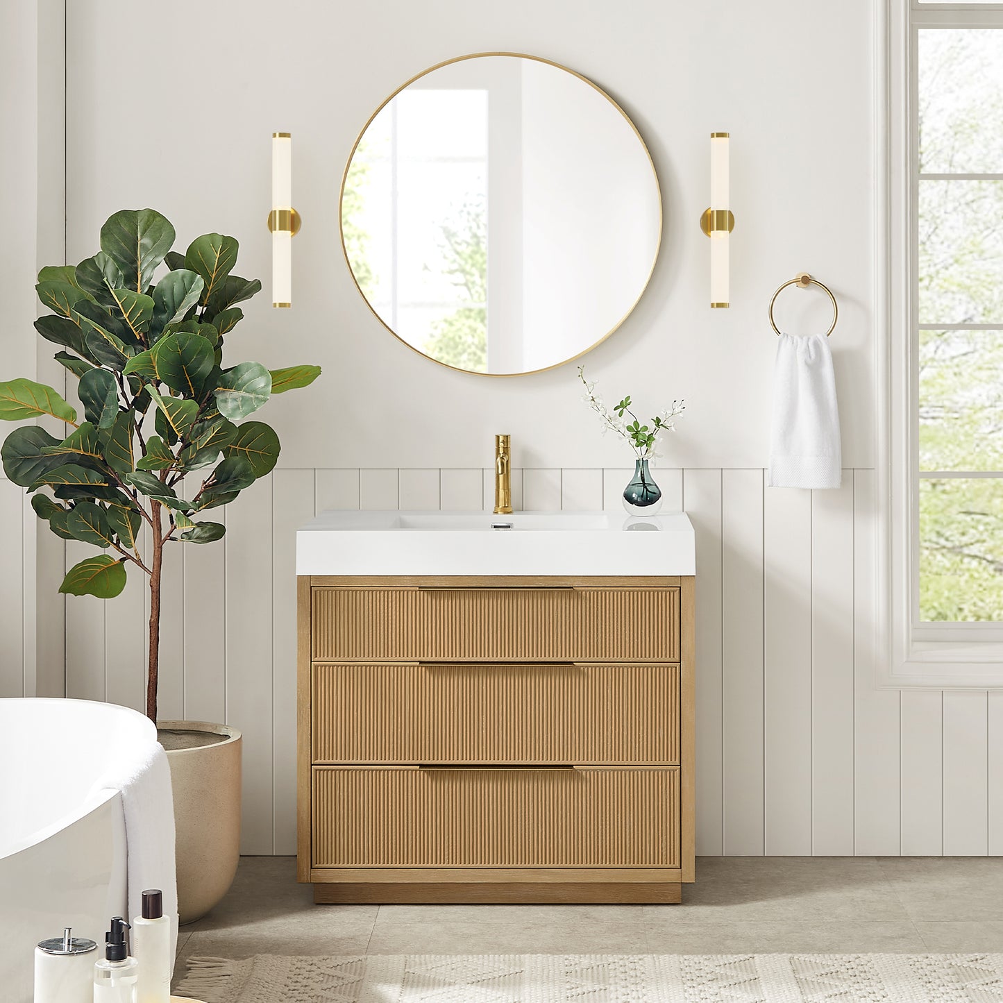 Vinnova, Hohhot 36" Free-standing Single Bath Vanity in Washed Ash Grey with White Integrated Stone Sink Top