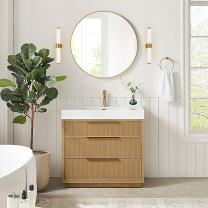 Vinnova, Hohhot 36" Free-standing Single Bath Vanity in Washed Ash Grey with White Integrated Stone Sink Top