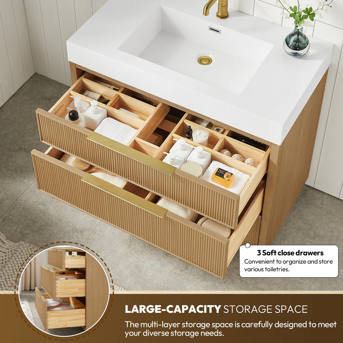 Vinnova, Hohhot 36" Free-standing Single Bath Vanity in Washed Ash Grey with White Integrated Stone Sink Top