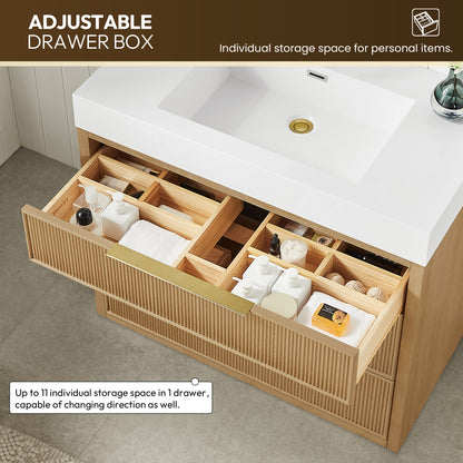 Vinnova, Hohhot 36" Free-standing Single Bath Vanity in Washed Ash Grey with White Integrated Stone Sink Top
