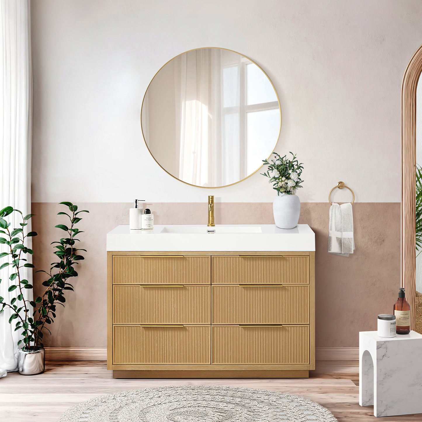 Vinnova, Hohhot 48" Free-standing Single Bath Vanity in Washed Ash Grey with White Integrated Stone Sink Top
