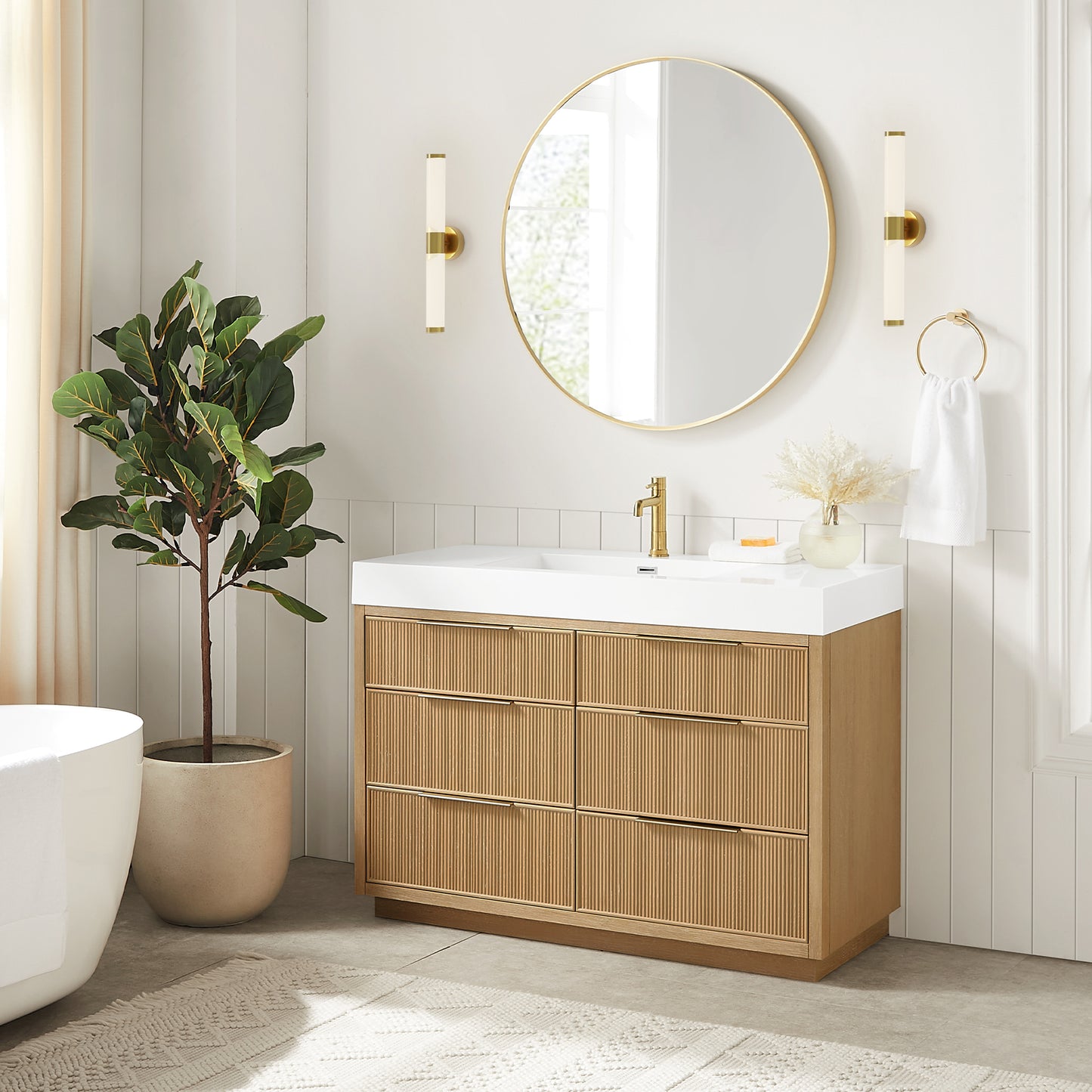 Vinnova, Hohhot 48" Free-standing Single Bath Vanity in Washed Ash Grey with White Integrated Stone Sink Top