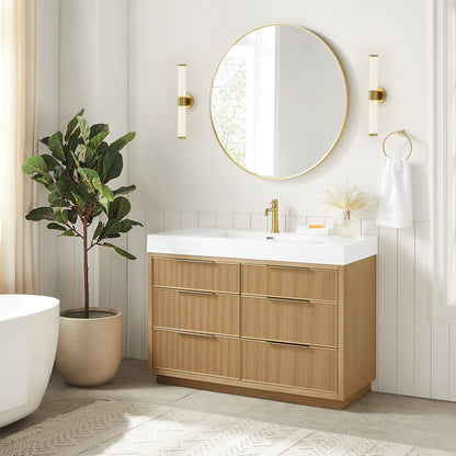 Vinnova, Hohhot 48" Free-standing Single Bath Vanity in Washed Ash Grey with White Integrated Stone Sink Top