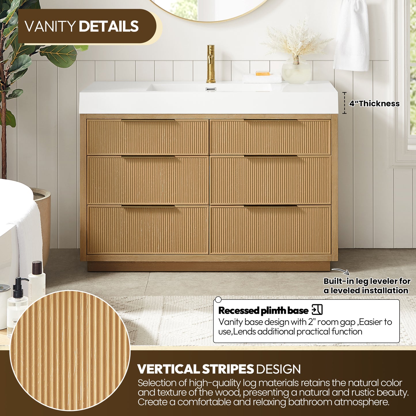 Vinnova, Hohhot 48" Free-standing Single Bath Vanity in Washed Ash Grey with White Integrated Stone Sink Top