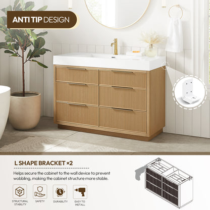 Vinnova, Hohhot 48" Free-standing Single Bath Vanity in Washed Ash Grey with White Integrated Stone Sink Top