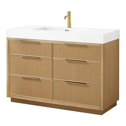 Vinnova, Hohhot 48" Free-standing Single Bath Vanity in Washed Ash Grey with White Integrated Stone Sink Top