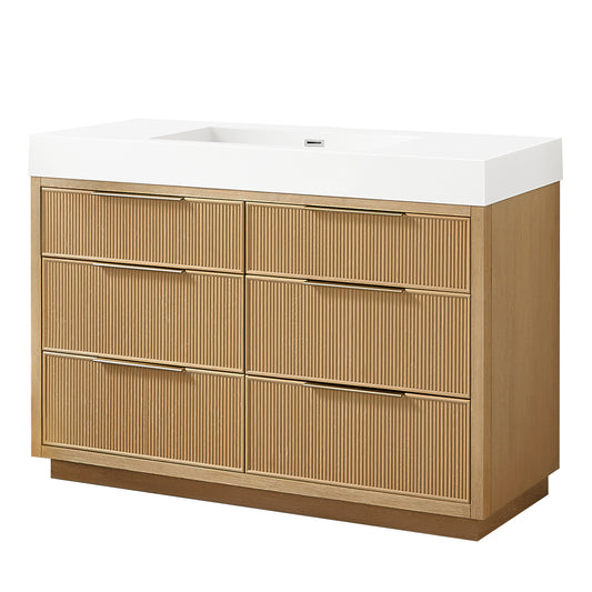 Vinnova, Hohhot 48" Free-standing Single Bath Vanity in Washed Ash Grey with White Integrated Stone Sink Top