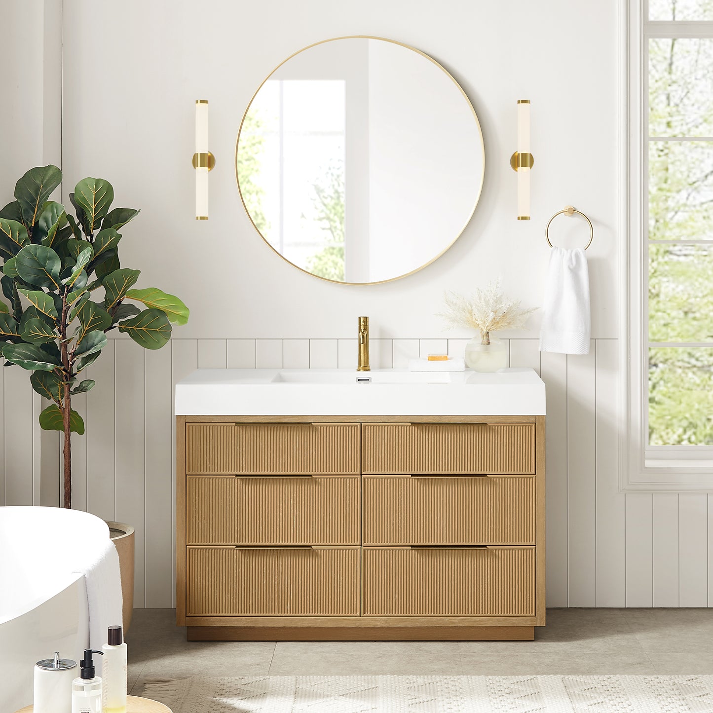 Vinnova, Hohhot 48" Free-standing Single Bath Vanity in Washed Ash Grey with White Integrated Stone Sink Top