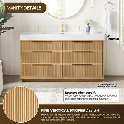 Vinnova, Hohhot 60" Free-standing Single Bath Vanity in Washed Ash Grey with White Integrated Stone Sink Top
