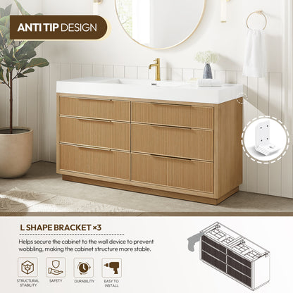 Vinnova, Hohhot 60" Free-standing Single Bath Vanity in Washed Ash Grey with White Integrated Stone Sink Top