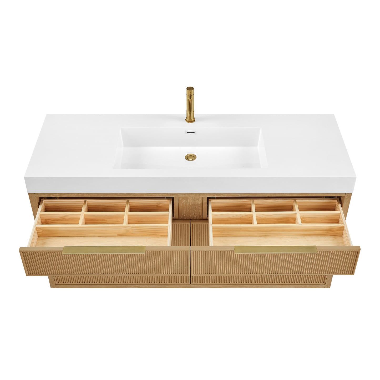 Vinnova, Hohhot 60" Free-standing Single Bath Vanity in Washed Ash Grey with White Integrated Stone Sink Top