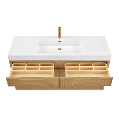 Vinnova, Hohhot 60" Free-standing Single Bath Vanity in Washed Ash Grey with White Integrated Stone Sink Top