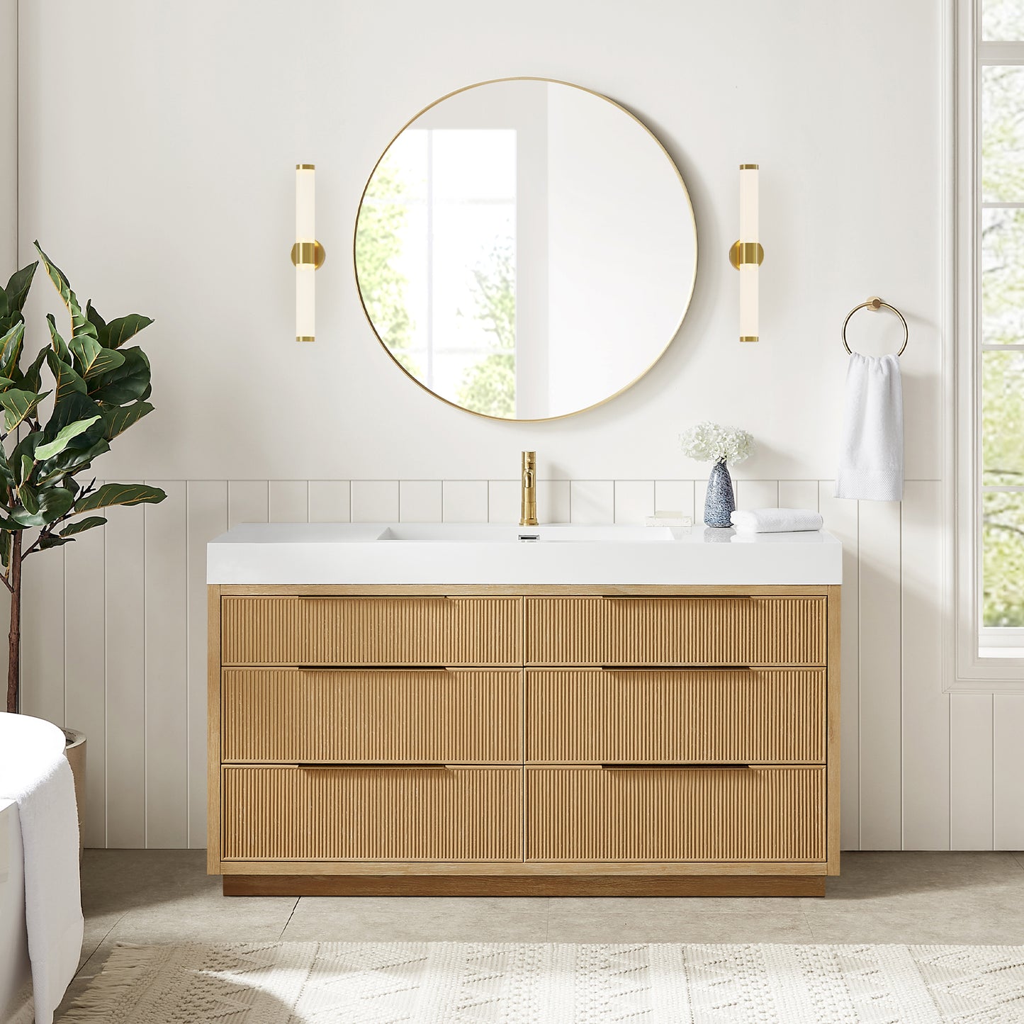 Vinnova, Hohhot 60" Free-standing Single Bath Vanity in Washed Ash Grey with White Integrated Stone Sink Top