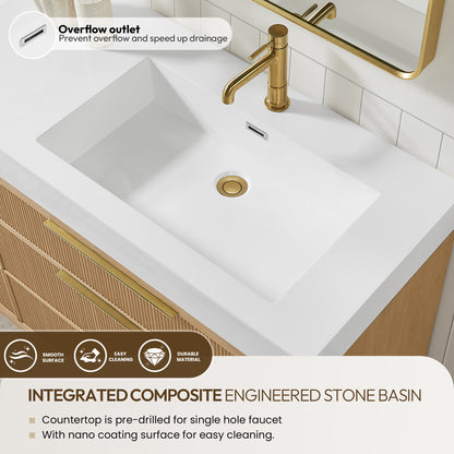 Vinnova, Hohhot 60" Free-standing Single Bath Vanity in Washed Ash Grey with White Integrated Stone Sink Top