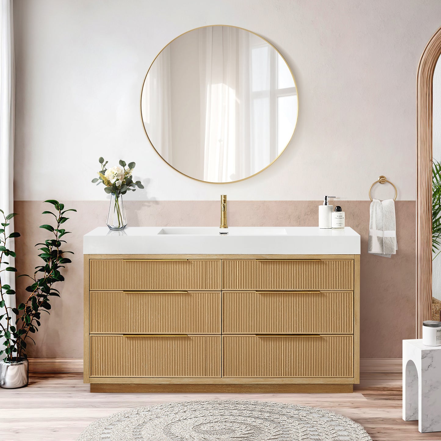 Vinnova, Hohhot 60" Free-standing Single Bath Vanity in Washed Ash Grey with White Integrated Stone Sink Top
