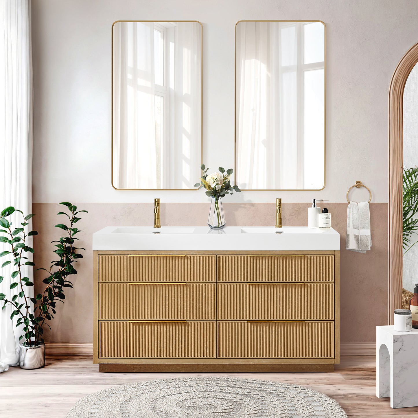 Vinnova, Hohhot 60M" Free-standing Double Bath Vanity in Washed Ash Grey with White Integrated Stone Sink Top