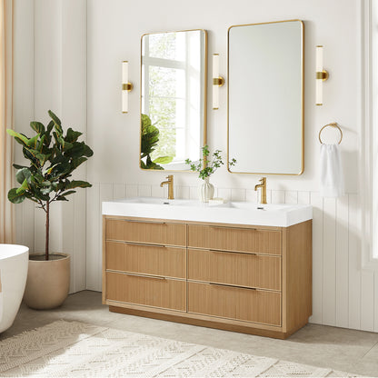 Vinnova, Hohhot 60M" Free-standing Double Bath Vanity in Washed Ash Grey with White Integrated Stone Sink Top