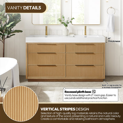 Vinnova, Hohhot 60M" Free-standing Double Bath Vanity in Washed Ash Grey with White Integrated Stone Sink Top