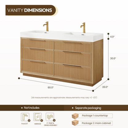 Vinnova, Hohhot 60M" Free-standing Double Bath Vanity in Washed Ash Grey with White Integrated Stone Sink Top