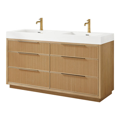 Vinnova, Hohhot 60M" Free-standing Double Bath Vanity in Washed Ash Grey with White Integrated Stone Sink Top