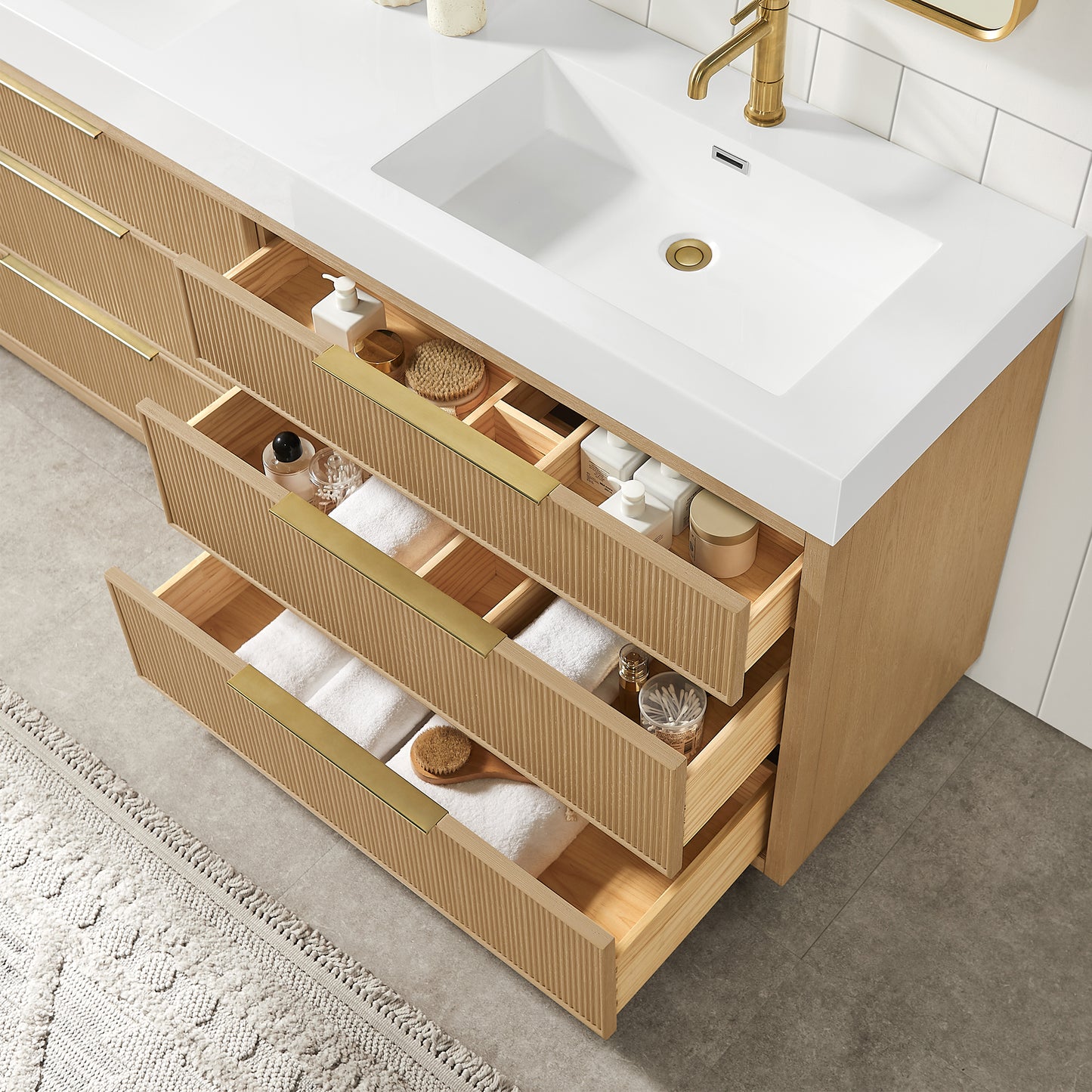 Vinnova, Hohhot 60M" Free-standing Double Bath Vanity in Washed Ash Grey with White Integrated Stone Sink Top