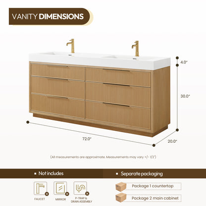 Vinnova, Hohhot 72" Free-standing Double Bath Vanity in Washed Ash Grey with White Integrated Stone Sink Top