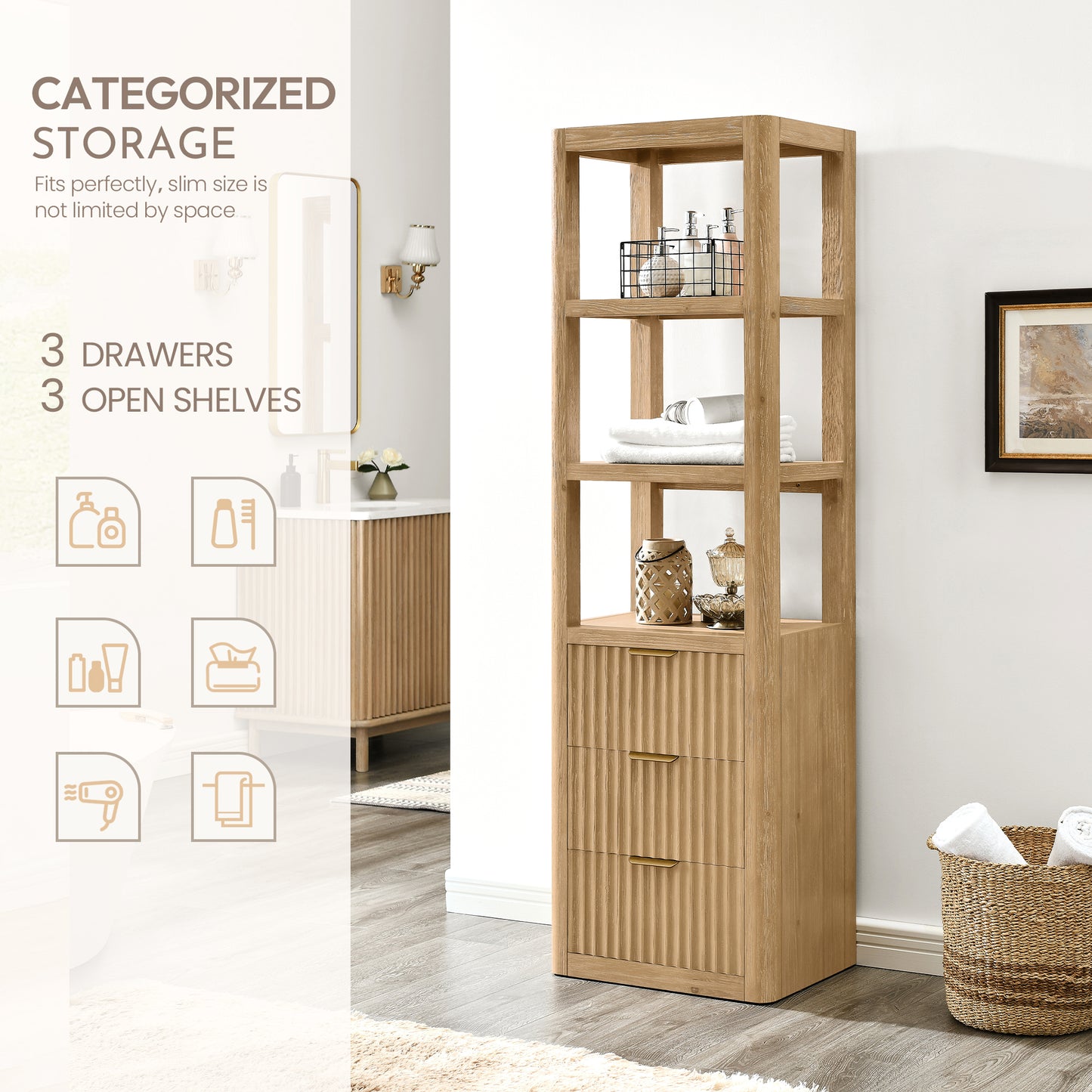 Vinnova, Cádiz 22in. Grey Storage Cabinet with 3 Drawers 3 Shelves for Bathroom and Living Room