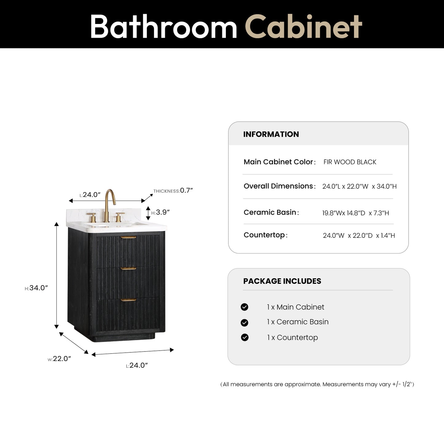 Vinnova, Cádiz 24in. Free-standing Single Bathroom Vanity in Fir Wood Black with Composite top in Lightning White