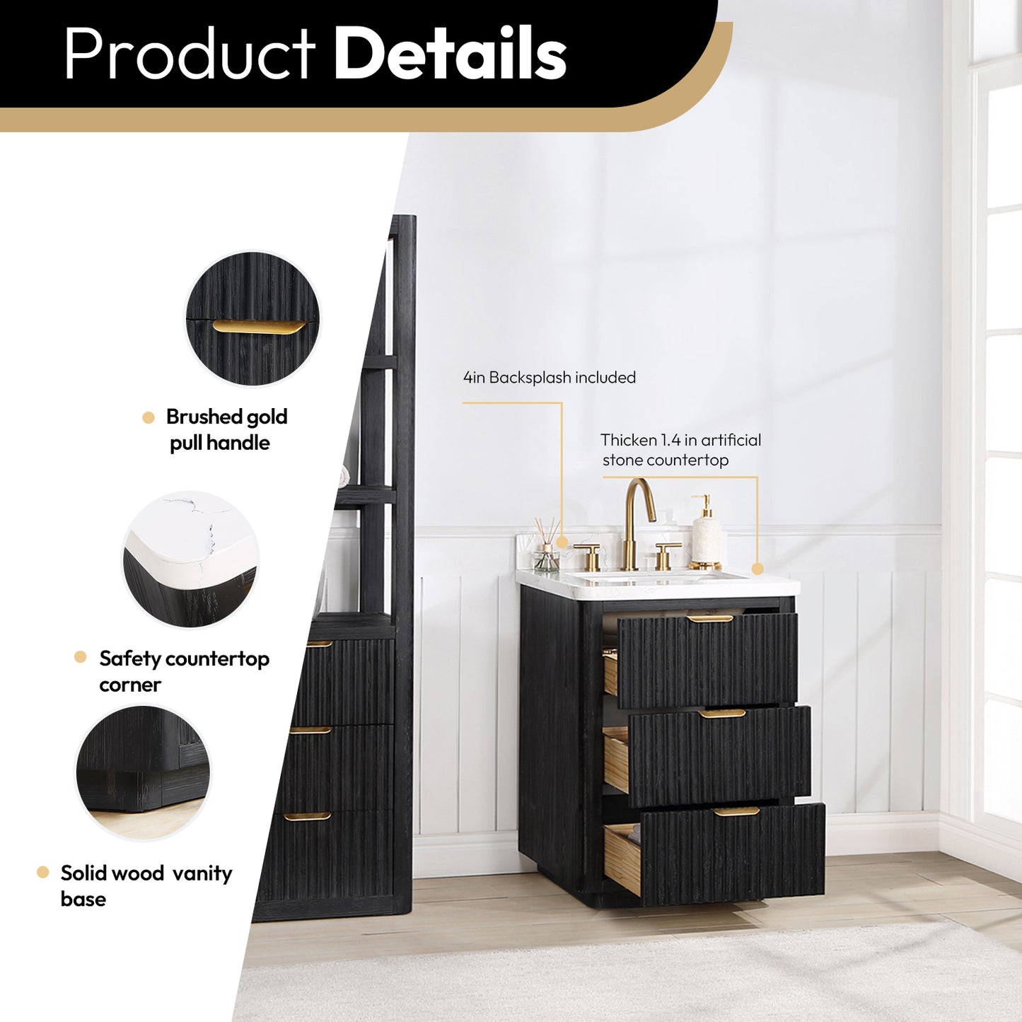 Vinnova, Cádiz 24in. Free-standing Single Bathroom Vanity in Fir Wood Black with Composite top in Lightning White