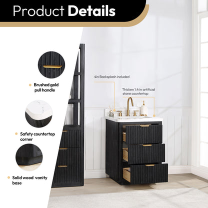 Vinnova, Cádiz 24in. Free-standing Single Bathroom Vanity in Fir Wood Black with Composite top in Lightning White