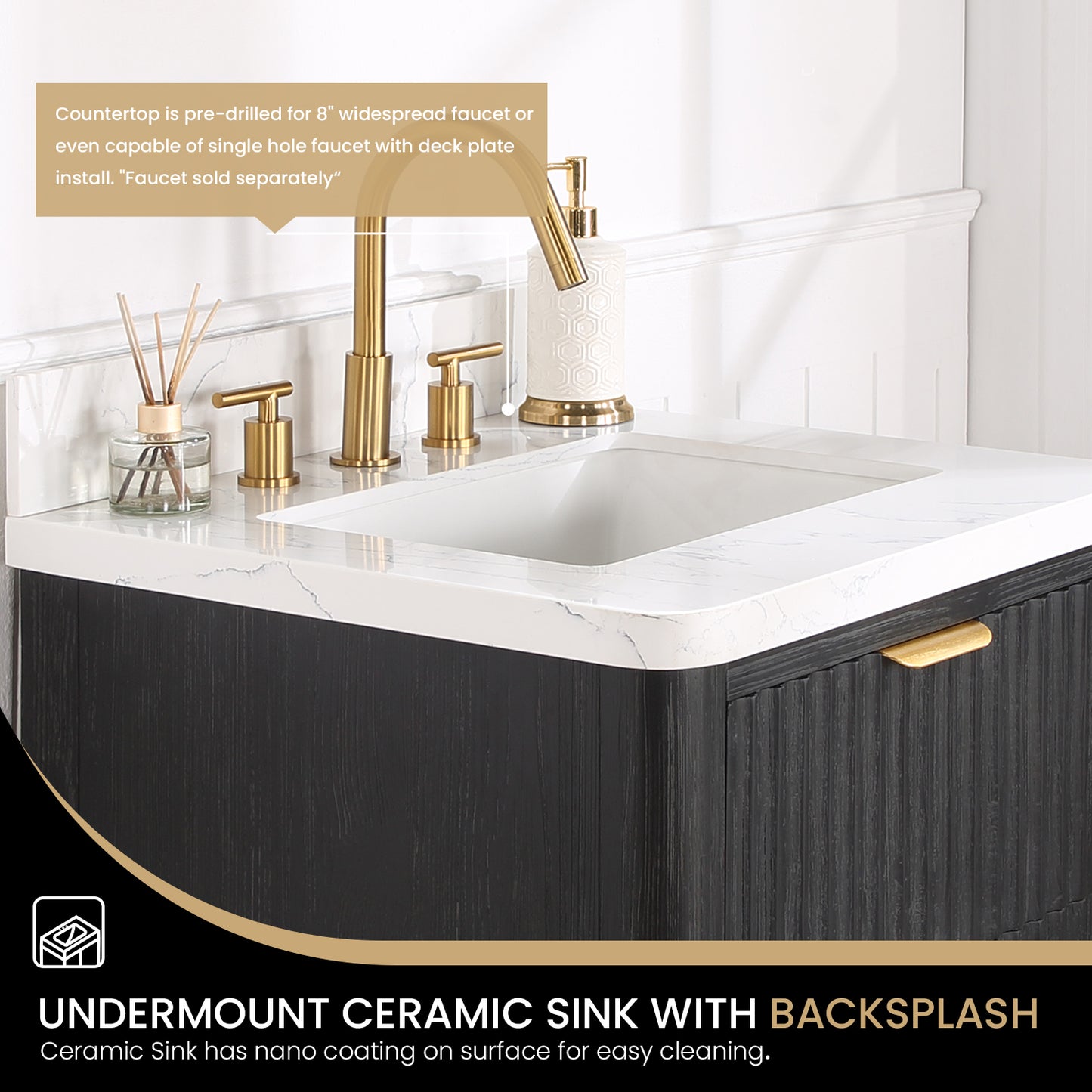 Vinnova, Cádiz 24in. Free-standing Single Bathroom Vanity in Fir Wood Black with Composite top in Lightning White