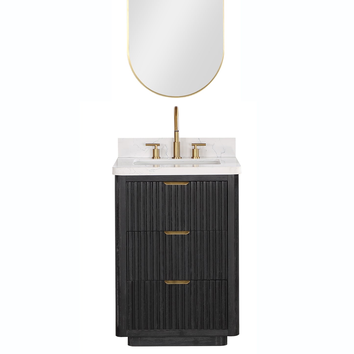 Vinnova, Cádiz 24in. Free-standing Single Bathroom Vanity in Fir Wood Black with Composite top in Lightning White and Mirror